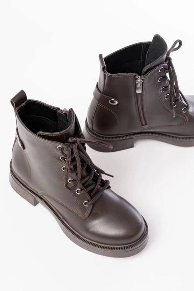 02-2003 Kahve Cilt Bağcıklı Fermuarlı Günlük Kadın Bot - Resim 4