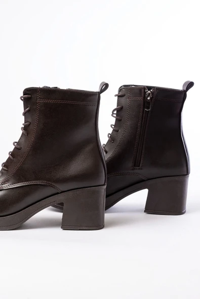 5109-3025 Kahverengi Bağcıklı Fermuarlı Kalın Topuklu Günlük Kadın Bot - Resim 5