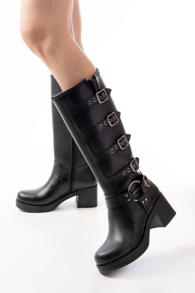 5109-3015 Siyah Topuklu Fermuarlı Toka Aksesuarlı Günlük Kadın Çizme - Resim 5