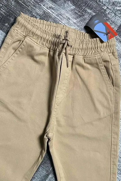 Erkek Çocuk Beli Lastikli İp Detaylı Gabardin Jogger Krem Kot Pantolon - 2