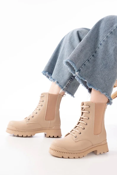 2051-298 Bej Düz Topuklu Bağcıklı Lastikli Günlük Kadın Bot ürün görseli