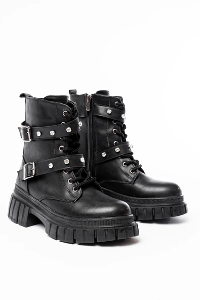 842-03 Siyah Bağcıklı Kalın Tabanlı Bağcıklı Fermuarlı Günlük Kadın Bot - Resim 3