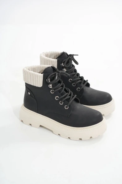 Lmç-2045 Siyah-bej Taban Bağcıklı Kalın Taban Kadın Günlük Bot - Resim 4