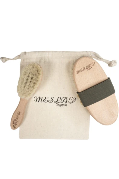 Mesla Organik Doğal Keçi Kılı Yumuşak Bebek Tarağı Ve %100 Doğal At Kılı Selülit Fırçası, Anne Bebek Seti - 2