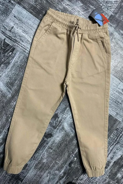 Erkek Çocuk Beli Lastikli İp Detaylı Gabardin Jogger Krem Kot Pantolon
