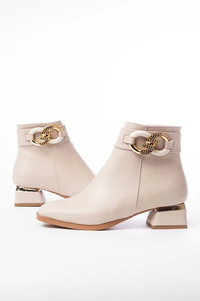 Rm-504 Bej Toka Aksesuarlı Topuklu Fermuarlı Günlük Kadın Bot - Resim 3