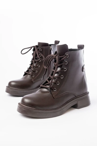 02-2003 Kahve Cilt Bağcıklı Fermuarlı Günlük Kadın Bot - Resim 3