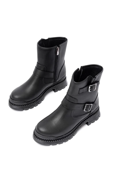 2051-2014 Siyah Tokalı Düz Topuklu Tokalı Fermuarlı Günlük Kadın Bot - Resim 5