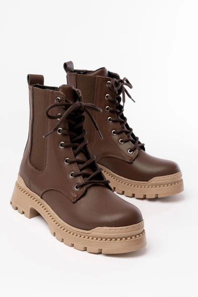 2051-298 Kahverengi Düz Topuklu Bağcıklı Lastikli Günlük Kadın Bot - Resim 3