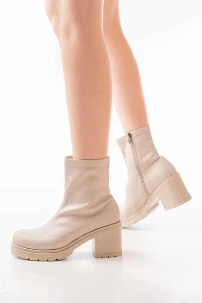 767-3012 Streç Bej Fermuarlı Kalın Topuklu Günlük Kadın Bot - Resim 3