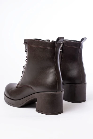 5109-3025 Kahverengi Bağcıklı Fermuarlı Kalın Topuklu Günlük Kadın Bot - Resim 6