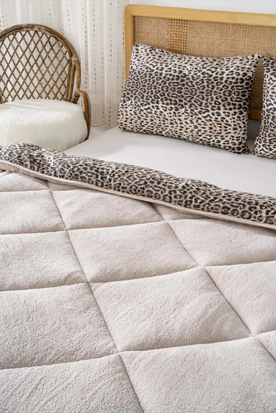 Bej Leopar Loura Çift Kişilik Çift Taraflı Lüx Wellsoft Yorgan Seti 195x215 cm - 3