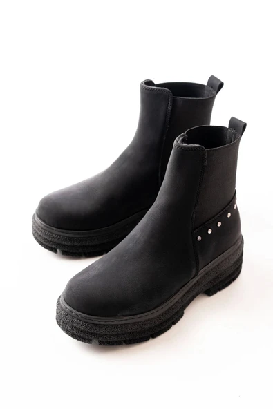 749-2005 Siyah Zümrüt Düz Topuklu Lastikli Günlük Kadın Bot - Resim 4