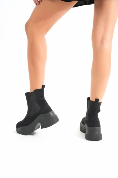 Fz-2400 Siyah Süet Yüksek Tabanlı Lastikli Günlük Kadın Bot - Resim 2