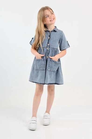 Kız Çocuk Çift Cepli/Düğme Kapamalı Jean Elbise 12199 - 2