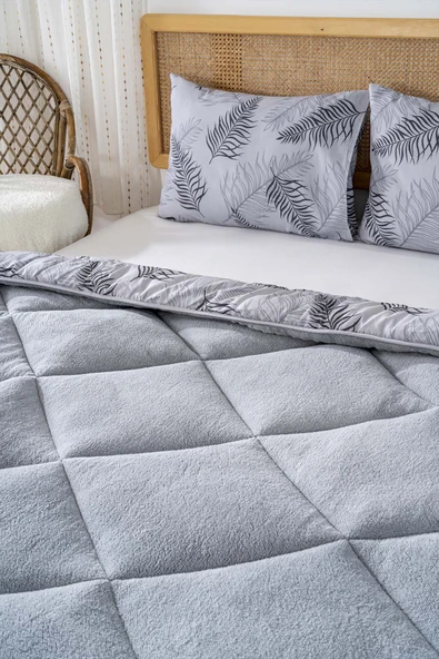Rivaİstanbul Gri Yaprak Loura Tek Kişilik Çift Taraflı Lüx Wellsoft Yorgan Seti 155x215 cm - Resim 4