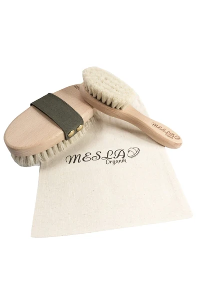 Mesla Organik Doğal Keçi Kılı Yumuşak Bebek Tarağı Ve %100 Doğal At Kılı Selülit Fırçası, Anne Bebek Seti - 5