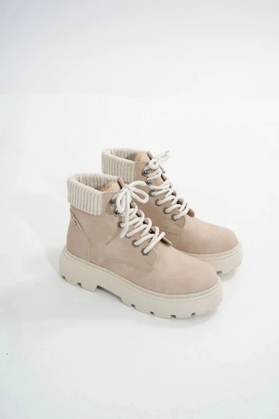 Lmç-2045 Bej Süet Bağcıklı Kalın Taban Kadın Günlük Bot - Resim 4