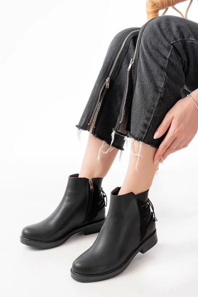 165-209 Siyah Arka Bağcık Aksesuarlı Fermuarlı Günlük Kadın Bot - Resim 2
