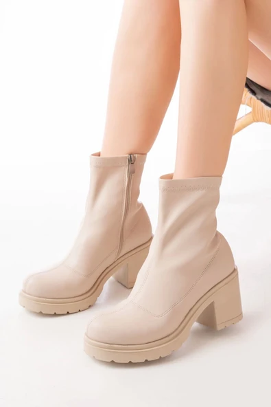 767-3012 Streç Bej Fermuarlı Kalın Topuklu Günlük Kadın Bot - Resim 4