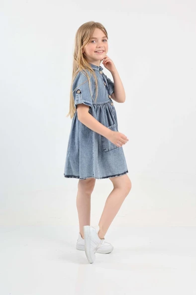 Kız Çocuk Çift Cepli/Düğme Kapamalı Jean Elbise 12199 - 3