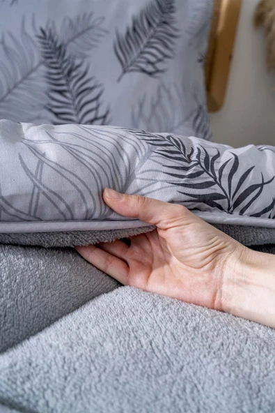 Rivaİstanbul Gri Yaprak Loura Tek Kişilik Çift Taraflı Lüx Wellsoft Yorgan Seti 155x215 cm - Resim 5