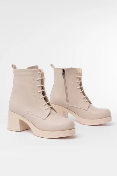 5109-3025 Bej Bağcıklı Fermuarlı Kalın Topuklu Günlük Kadın Bot - Resim 4