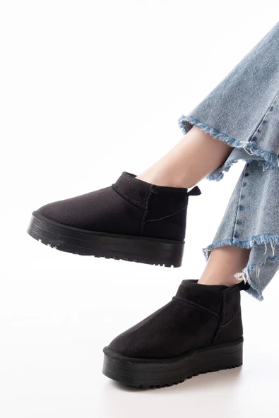 Ndr-2850 Siyah Süet İçi Kürklü Kışlık Kapalı Burun Kadın Günlük Terlik - Resim 2