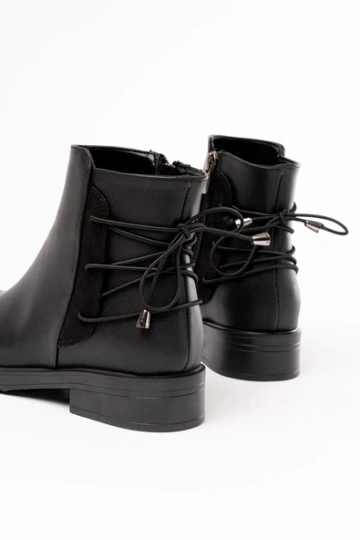 165-209 Siyah Arka Bağcık Aksesuarlı Fermuarlı Günlük Kadın Bot - Resim 4