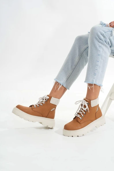 Lmç-2045 Taba Süet Bağcıklı Kalın Taban Kadın Günlük Bot - Resim 5