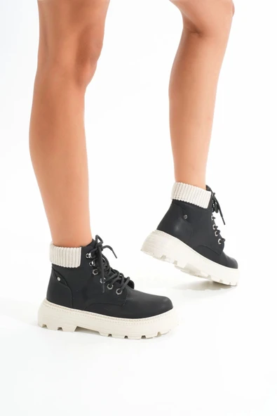 Lmç-2045 Siyah-bej Taban Bağcıklı Kalın Taban Kadın Günlük Bot - Resim 3