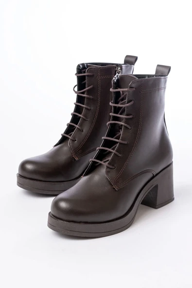 5109-3025 Kahverengi Bağcıklı Fermuarlı Kalın Topuklu Günlük Kadın Bot - Resim 3