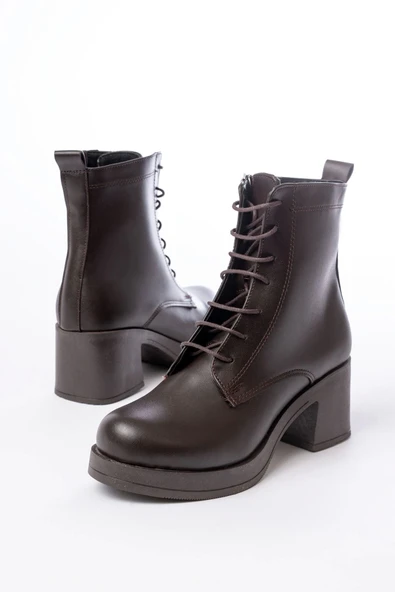 5109-3025 Kahverengi Bağcıklı Fermuarlı Kalın Topuklu Günlük Kadın Bot - Resim 4