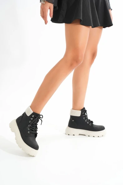 Lmç-2045 Siyah-bej Taban Bağcıklı Kalın Taban Kadın Günlük Bot - Resim 2