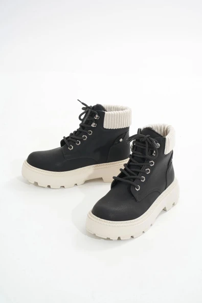 Lmç-2045 Siyah-bej Taban Bağcıklı Kalın Taban Kadın Günlük Bot - Resim 5