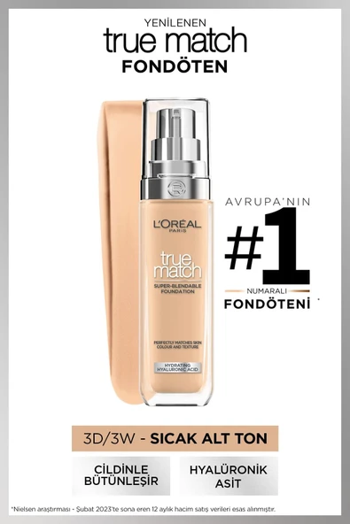 L'Oreal Paris True Match Bakım Yapan Fondöten - 3W Sıcak Alt Ton 3600522862543