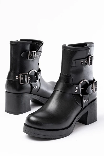 5109-3028 Siyah Toka Aksesuarlı Fermuarlı Topuklu Günlük Kadın Bot - Resim 6