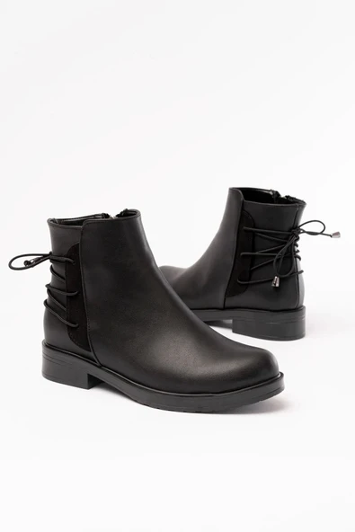 165-209 Siyah Arka Bağcık Aksesuarlı Fermuarlı Günlük Kadın Bot - Resim 3