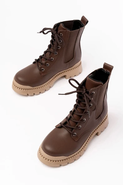 2051-298 Kahverengi Düz Topuklu Bağcıklı Lastikli Günlük Kadın Bot - Resim 5