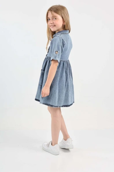 Kız Çocuk Çift Cepli/Düğme Kapamalı Jean Elbise 12199 - 4