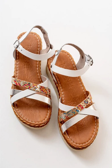 730-015 Beyaz Garni Ortopedik Hakiki Deri Dolgu Kadın Sandalet - Resim 5