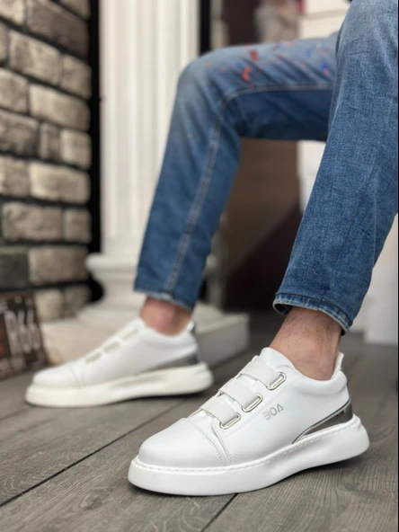 ET0329 3 Bant Beyaz Gümüş Detaylı Kalın Taban Casual Erkek Ayakkabı - 2