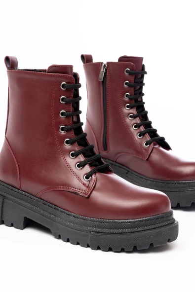 812-356 Bordo Bağcıklı Fermuarlı Günlük Kadın Bot - 4