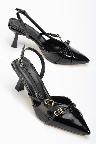 St-005 Siyah Rugan Günlük 7 Cm Topuklu Bayan Ayakkabı - Resim 3