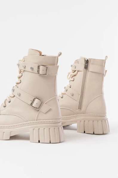 842-03 Bej Bağcıklı Kalın Tabanlı Bağcıklı Fermuarlı Günlük Kadın Bot - Resim 5