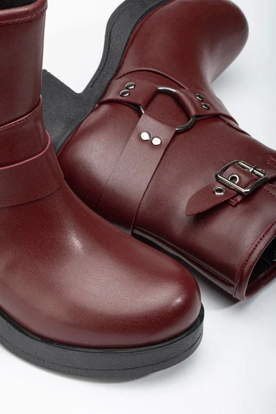 5109-3042 Bordo Toka Aksesuarlı Fermuarlı Kalın Topuklu Günlük Kadın Bot - Resim 4