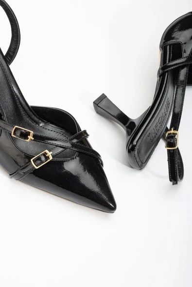 St-005 Siyah Rugan Günlük 7 Cm Topuklu Bayan Ayakkabı - Resim 4