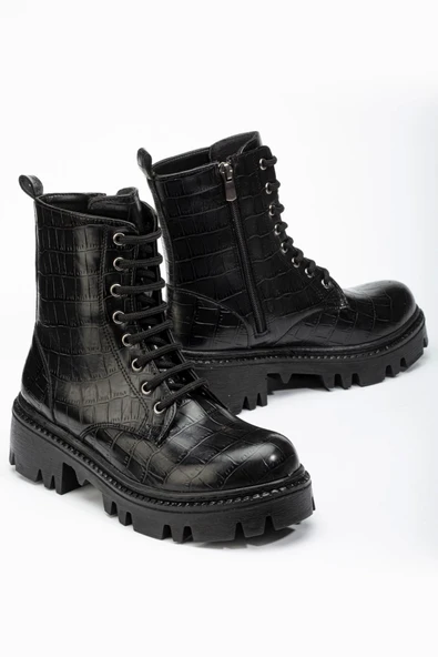 868-2289 Siyah Kroko Bağcıklı Fermuarlı Günlük Kadın Bot - Resim 3