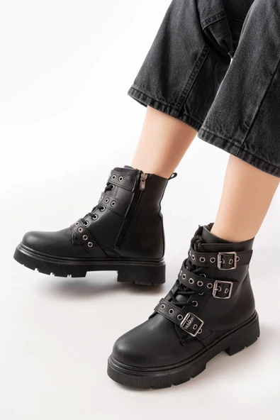 508-3039 Siyah Toka Aksesuarlı Fermuarlı  Günlük Kadın Bot - Resim 2
