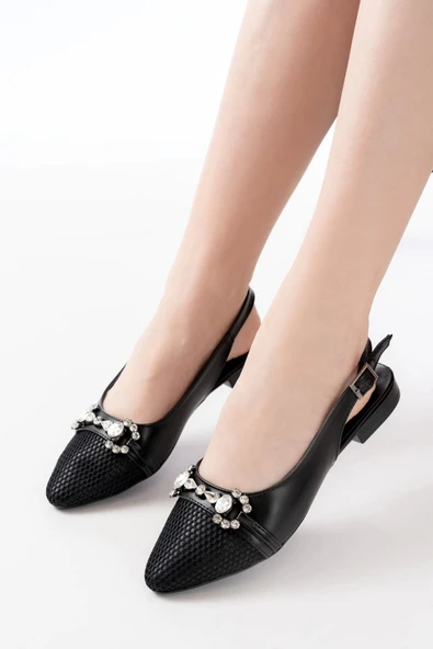 İnf-120 Siyah Günlük Fileli Taş Aksesuarlı Kadın Babet - Resim 2